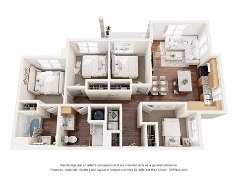 Floor plan for 4 beds, 2 baths, 1375 sqft